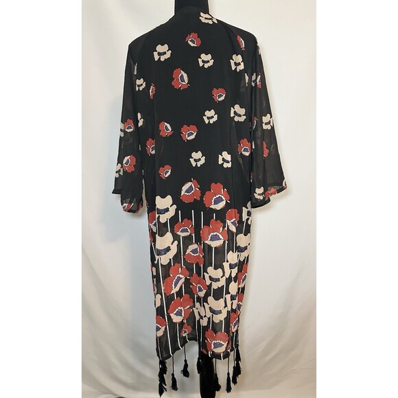 Haoduoyi Fringe 3/4 Sleeve Black Floral Sheer Kimono Women's Boho‎ MEDIUM - Picture 3 of 13